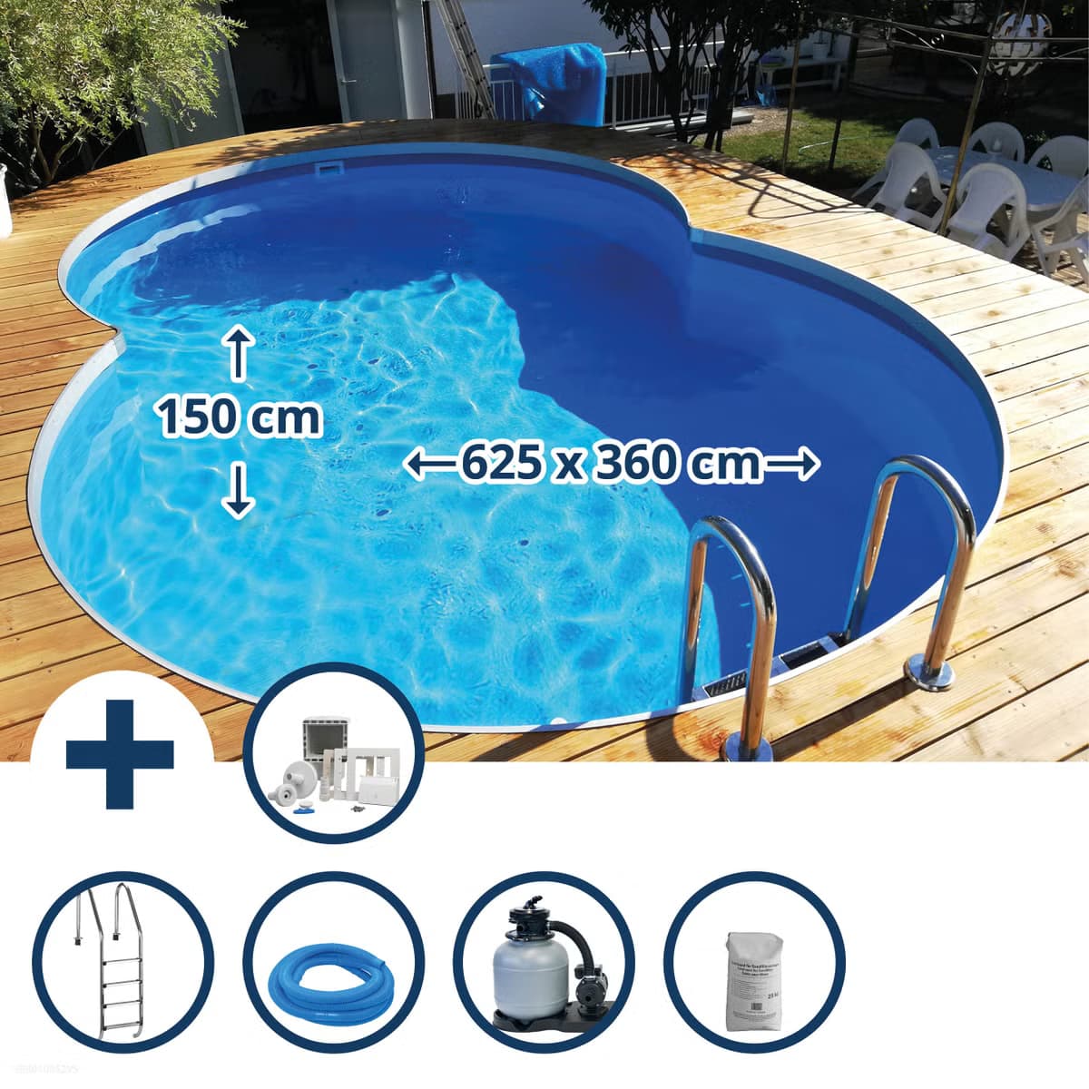 Waterman Stahlwandpool Set tief achtform 625x360x150cm, Stahl 0,8mm weiß, Folie 0,6mm bl.