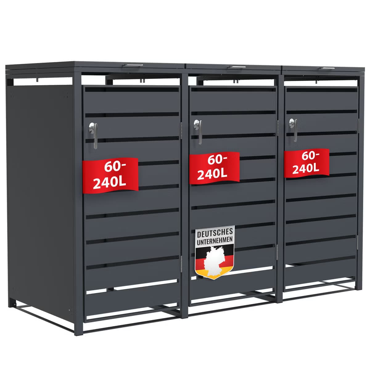 FLOORDIREKT Mülltonnenbox Magnus mit Edelstahlrahmen 198,5 x 80 x 116 cm - 3 Türen