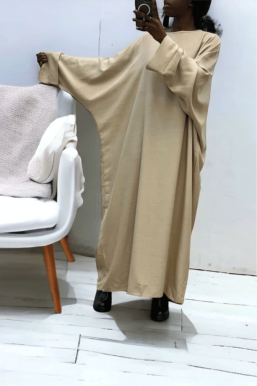 Abaya beige très ample (36-52) coupe kimono