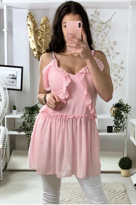 Tunique rose en crêpe avec bretelle et froufrou