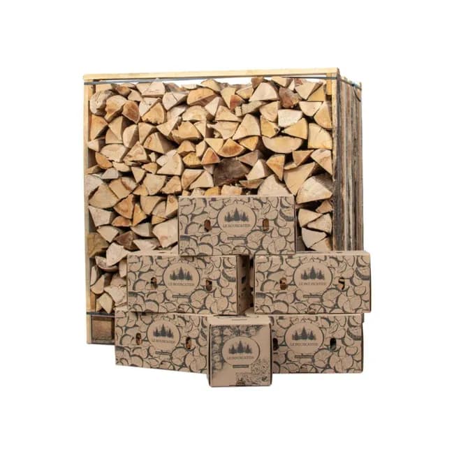 BOX 1,5 STÈRES 30CM BOIS DE CHAUFFAGE SEC AVEC 5 CARTONS DE BOIS D’ALLUMAGE / 1 CARTON 2KG ALLUME-FEU