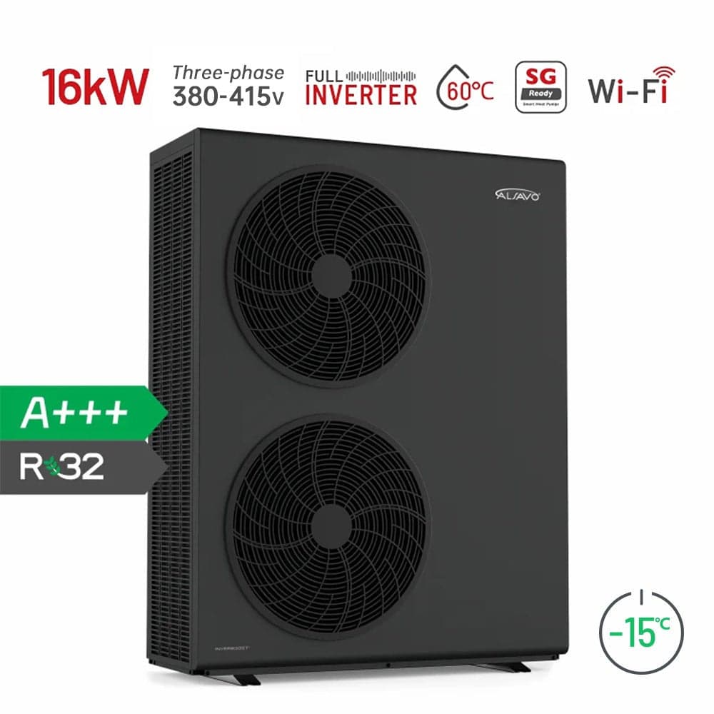 Pompe à chaleur air-eau monobloc ALSAVO 16kW triphasé Inverboost réversible chauffage refroidissement eau chaude WiFi classe A+++.