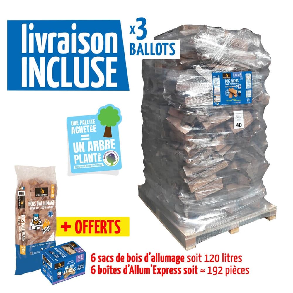 3 Palettes de bois bûche 40 cm et allumage offert