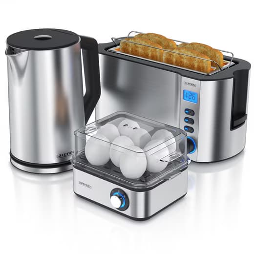 ARENDO Frühstücks-Set (3-tlg), Wasserkocher 1,5l, 4-Scheiben Toaster, 8er Eierkocher, Silber