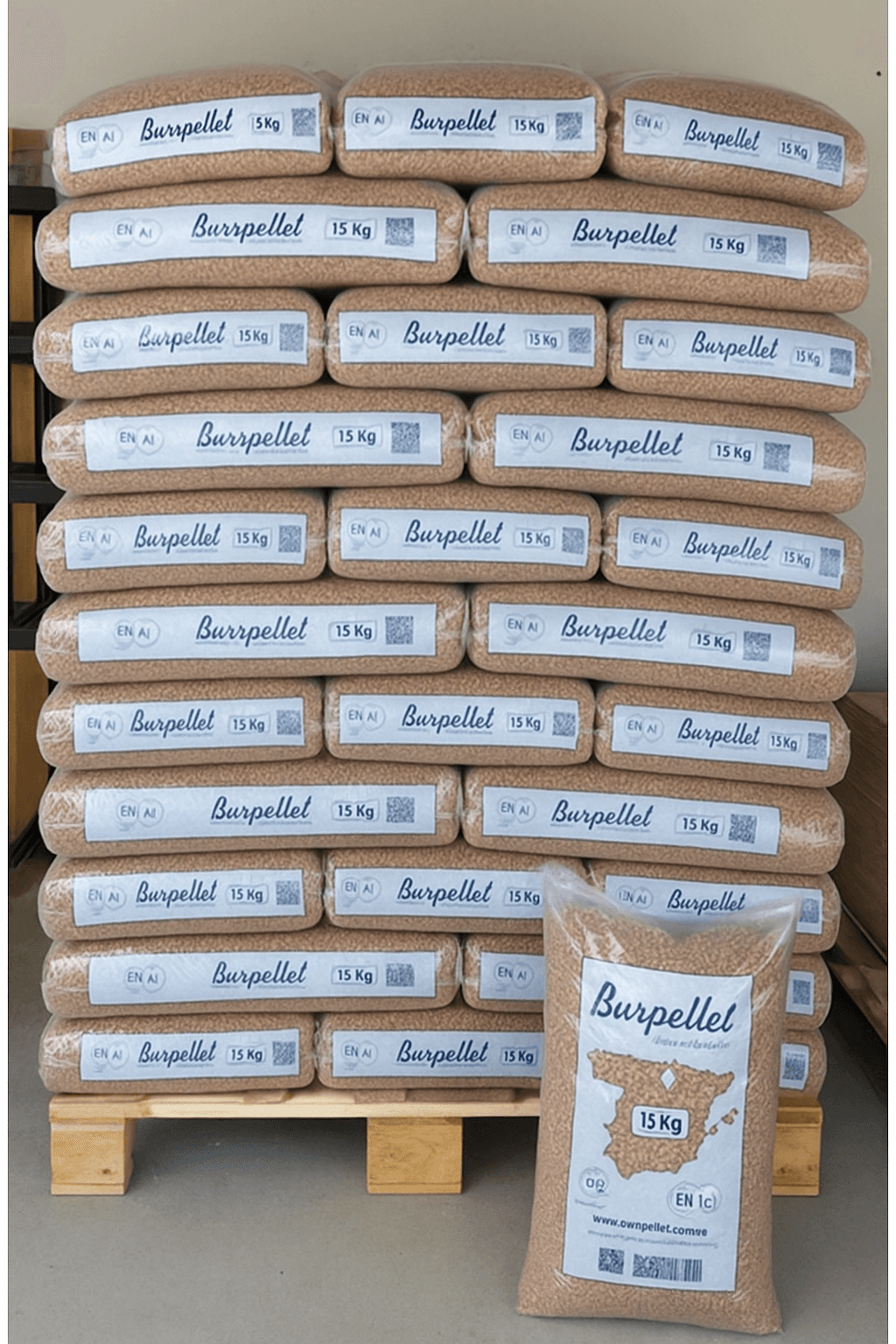 Palet de Pellets de Madera Burpellet Natural de 6mm para Calefacción de Biomasa con 72 Sacos de 15kg y Certificación de Alta Eficiencia Energética