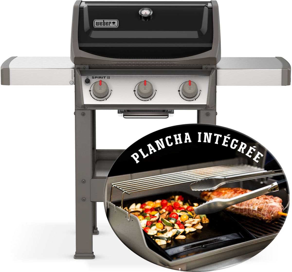 Barbacoa de gas WEBER Spirit II E-310 negra con parrilla y plancha, 3 quemadores sobre carro, 60x44 cm