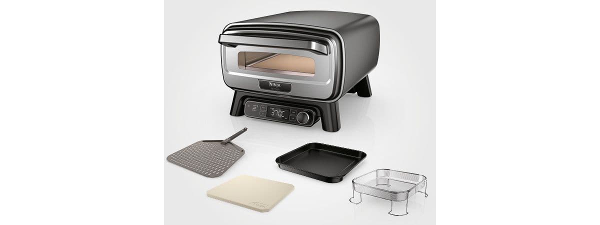 Horno eléctrico para pizza NINJA MO201EU, acero inoxidable negro, capacidad para pizzas de 30 cm, función de freidora de aire, termostato digital.