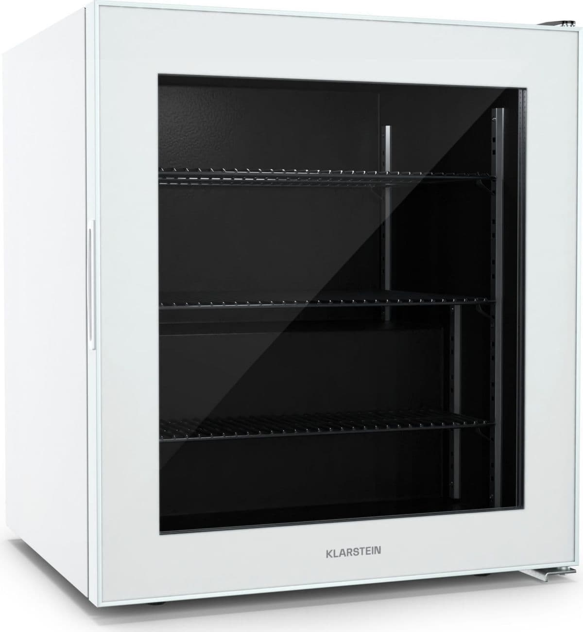 Refrigerador KLARSTEIN IceAge de 88 litros con congelador superior, clase de eficiencia energética E, 3 estantes de vidrio, color blanco.