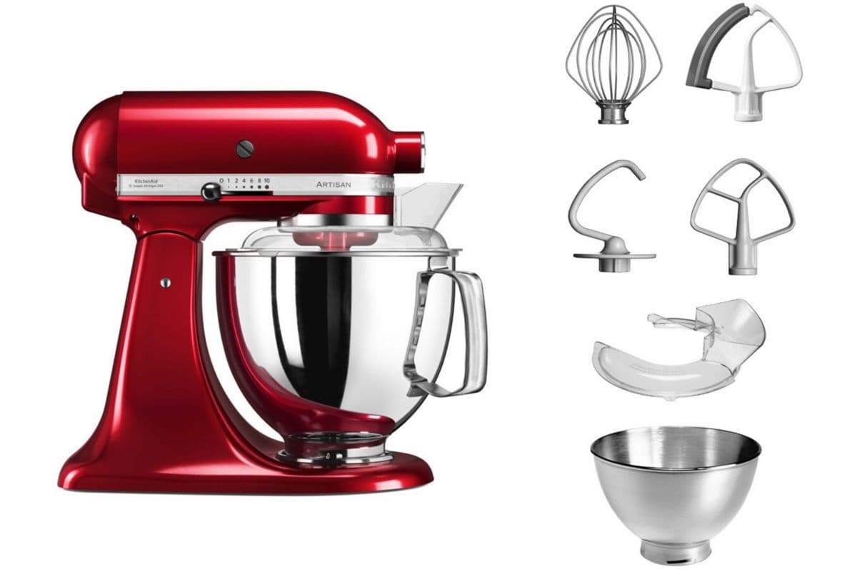 Batidora KitchenAid 5KSM175PSECA color manzana caramelo, 4,8 L, bol con asa + bol de 3 L, batidor flexible y tapa.