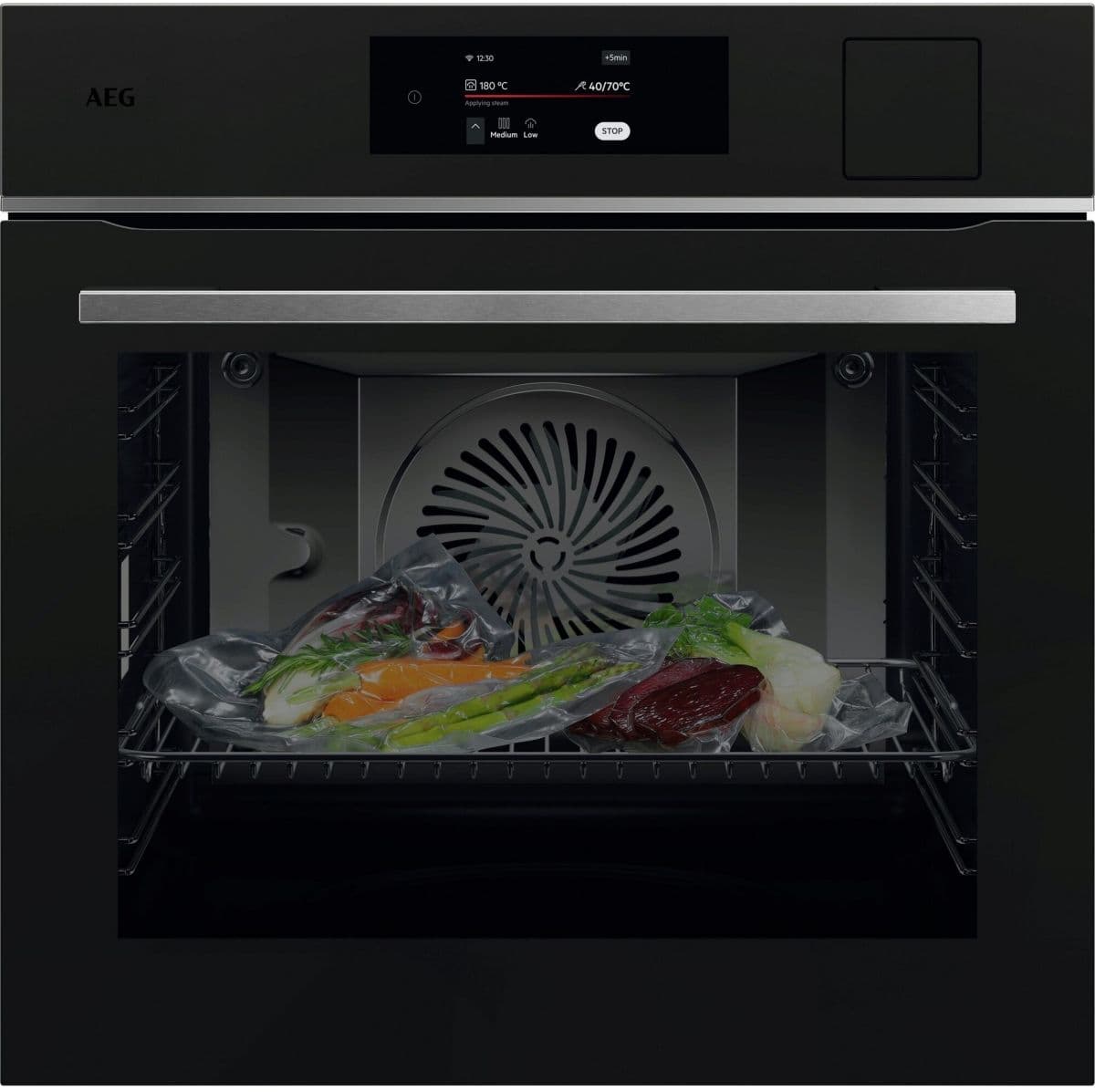 Horno integrable AEG TP8SB731AT con función de vapor, color negro mate.