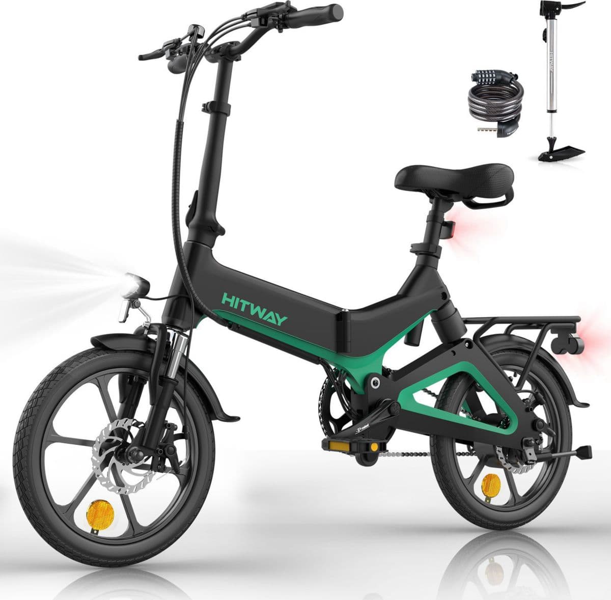 Bicicleta eléctrica plegable HITWAY de 16 pulgadas, color negro.