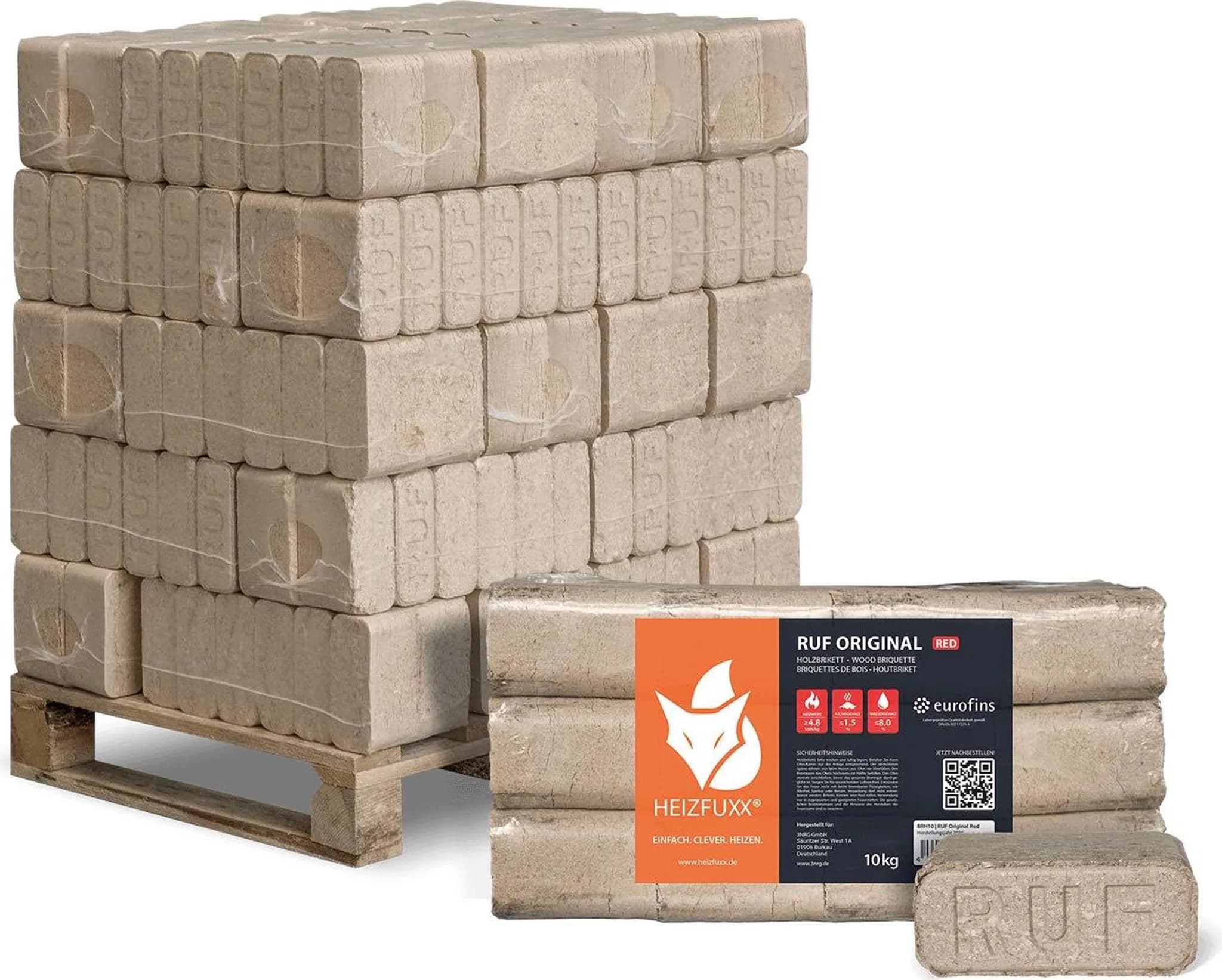 Heizfuxx RUF Original Red Holzbriketts – 300 kg Palette (30 x 10 kg)