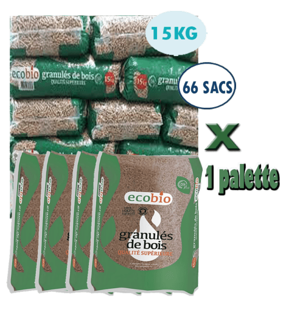Palette granulés de bois ECOBIO – 66 sacs de 15 kg, 100 % résineux, Pouvoir calorifique 5,3 MJ/kg