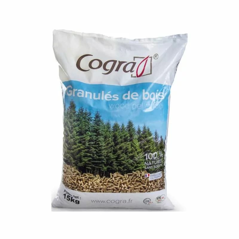 Palette granulés de bois Cogra – 70 sacs de 15 kg, 100 % résineux, Faible cendres, Pouvoir calorifique 4,6 à 5,3 kWh/kg