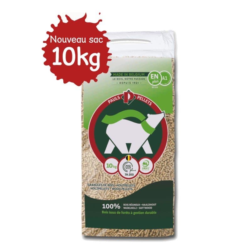 Granulés de bois PAULS Pellets – Palette 104 sacs de 10 kg, 100 % résineux, Faible cendres, Sac léger avec anse