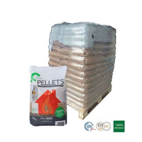 Pellets ERDA – Palette 65 sacs de 15 kg – 100% résineux – ENplus A1 – Combustion propre et performance garantie