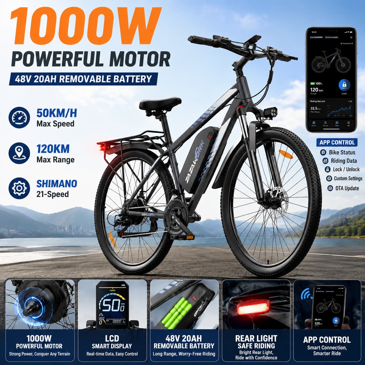 1000W 29 Zoll Elektrofahrrad 48V 20AH 40Nm E-Mountainbike 21 Gänge 50KM/H APP