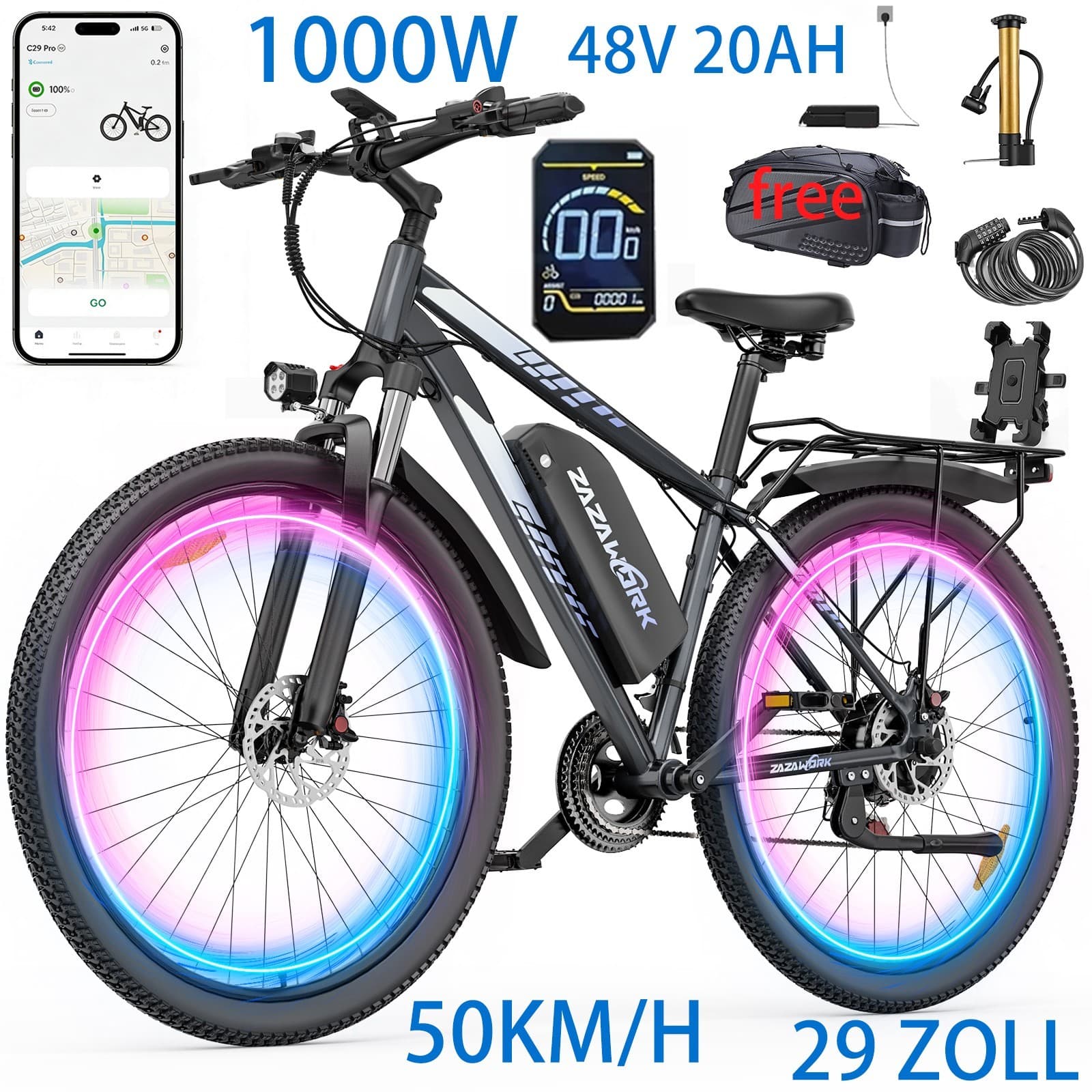 29 Zoll Elektrofahrrad 1000W 48V 20Ah Shimano 21-Gang Hydraulik 120km E-MTB APP