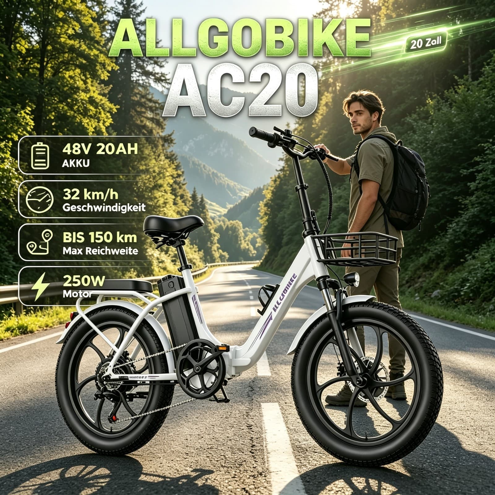 20 Zoll Faltbares Elektrofahrrad 48V 20Ah Pedelec 250W Herren City E-Bike 150km