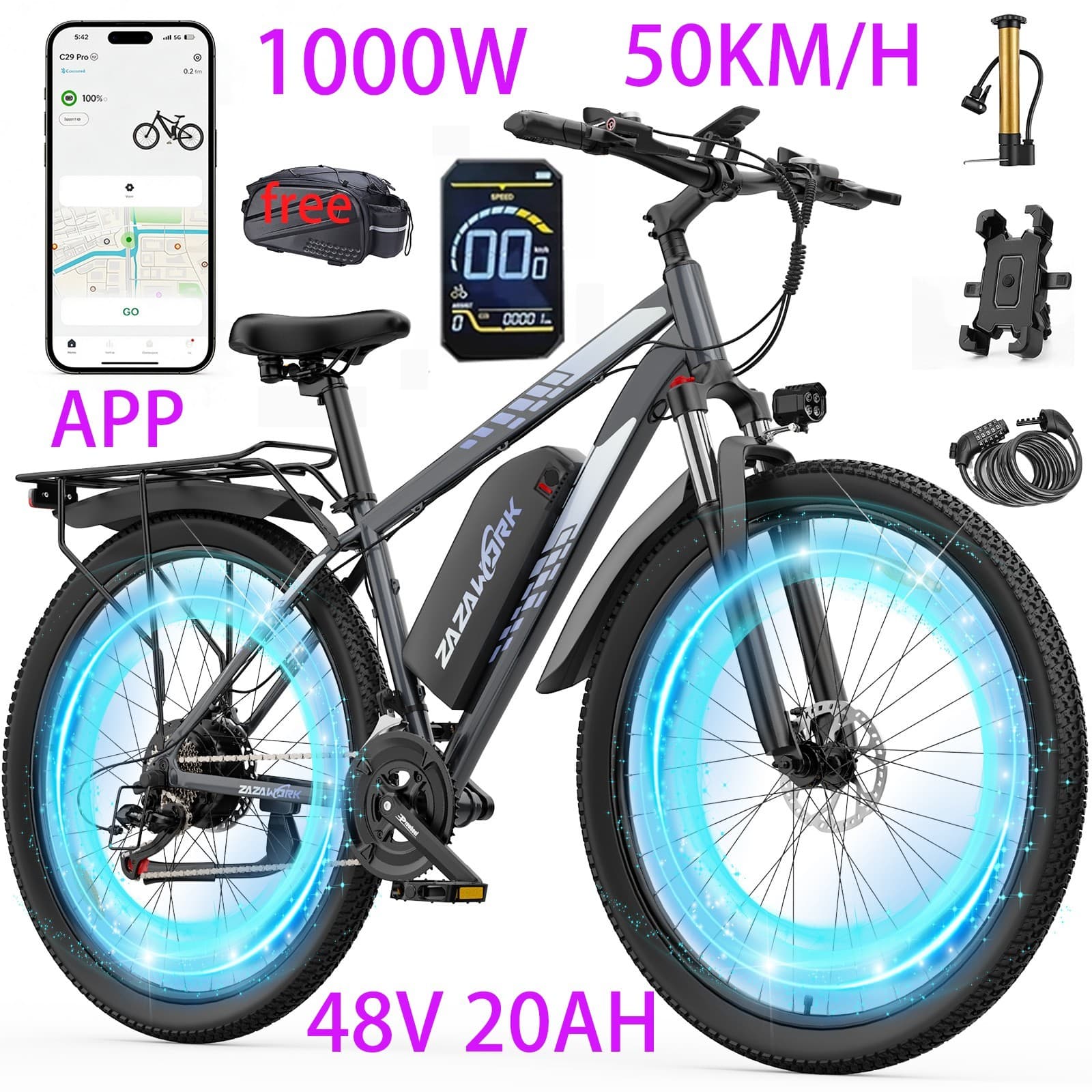 1000W 29 Zoll E-bike 21 Gänge Hydraulik E-Mountainbike 120KM Elektrofahrrad APP