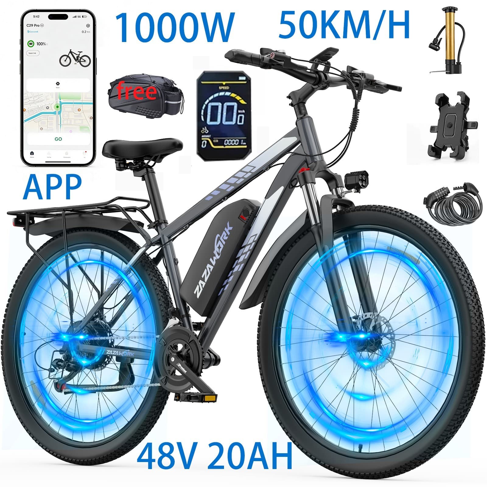 29 Zoll Elektrofahrrad Herren 1000W 50KM/H E-Mountainbike 48V20AH Bis 120KM APP