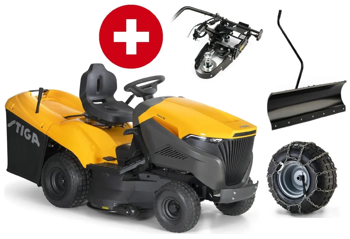 Rasentraktor Stiga Estate 798 Winterpaket mit 120 cm Schneeschild, PTO-Kit und Schneeketten