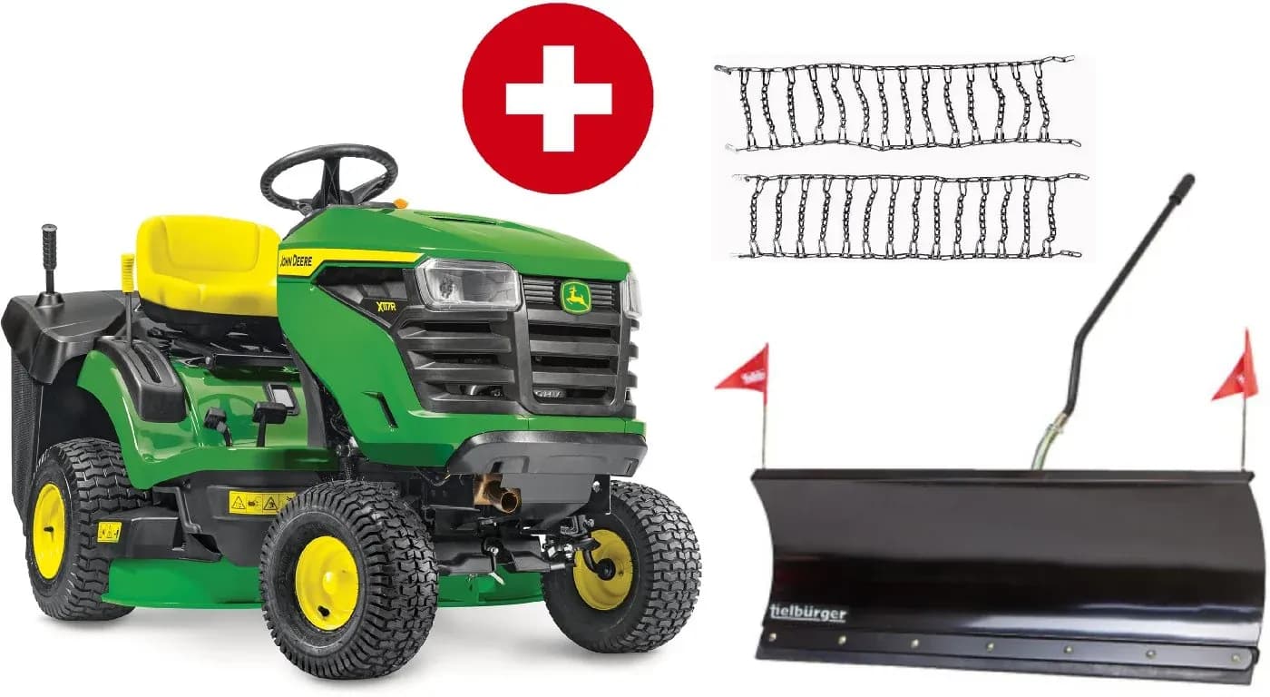 Rasentraktor X117R Winterpaket mit Schneeschild, Schneeketten, Anbaurahmen und Schnellwechsler
