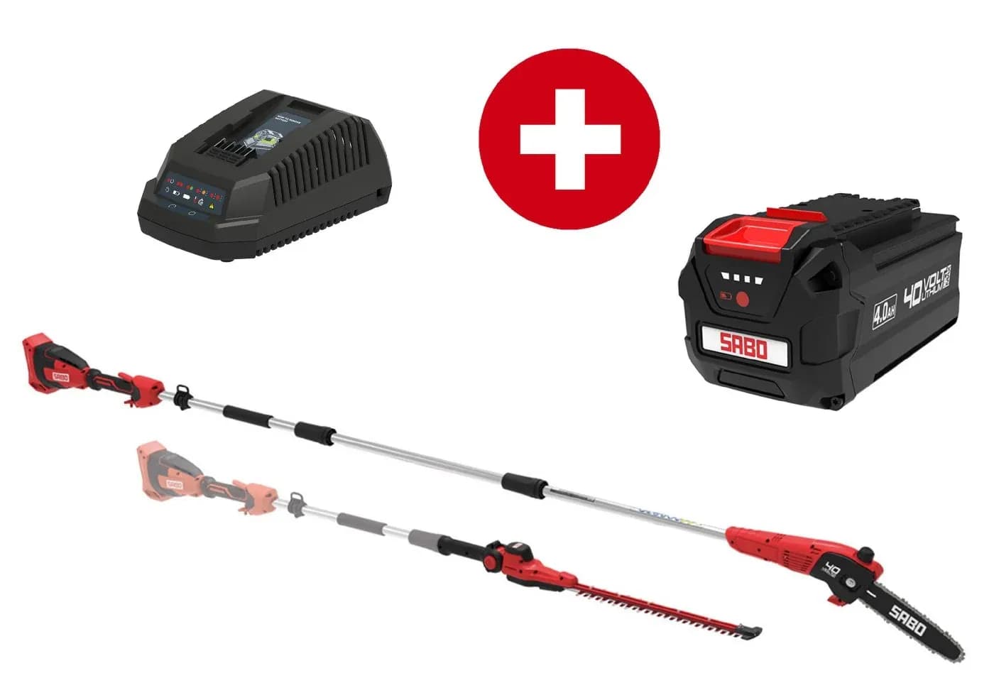 Akku-Motorsäge Sabo CT Combi-Tool mit Akku 4Ah und Standard-Ladegerät - Heckenscheren- und Sägeaufsatz