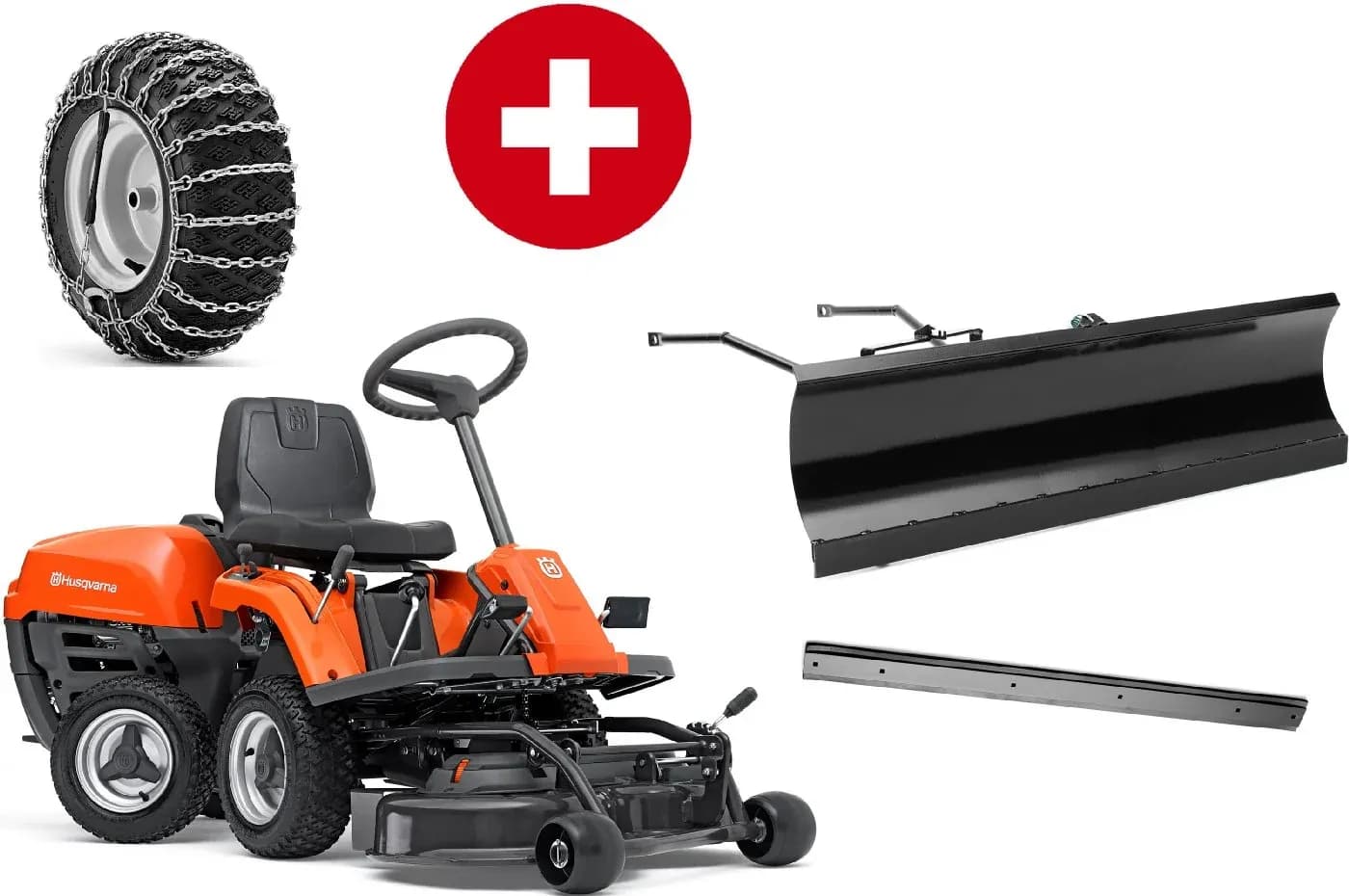 Frontmäher Husqvarna R 112C mit Mähdeck Combi 85 - Winterpaket mit Schneeschild, Gummileiste und Schneeketten