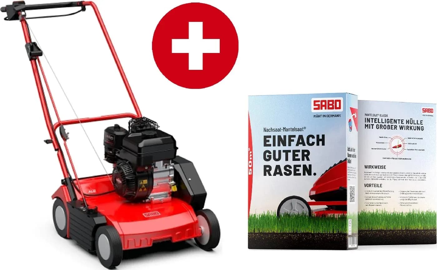 Benzin-Vertikutierer Sabo 38-BV - Bundle - inkl. Premium Rasensaat fĂŒr 100qm