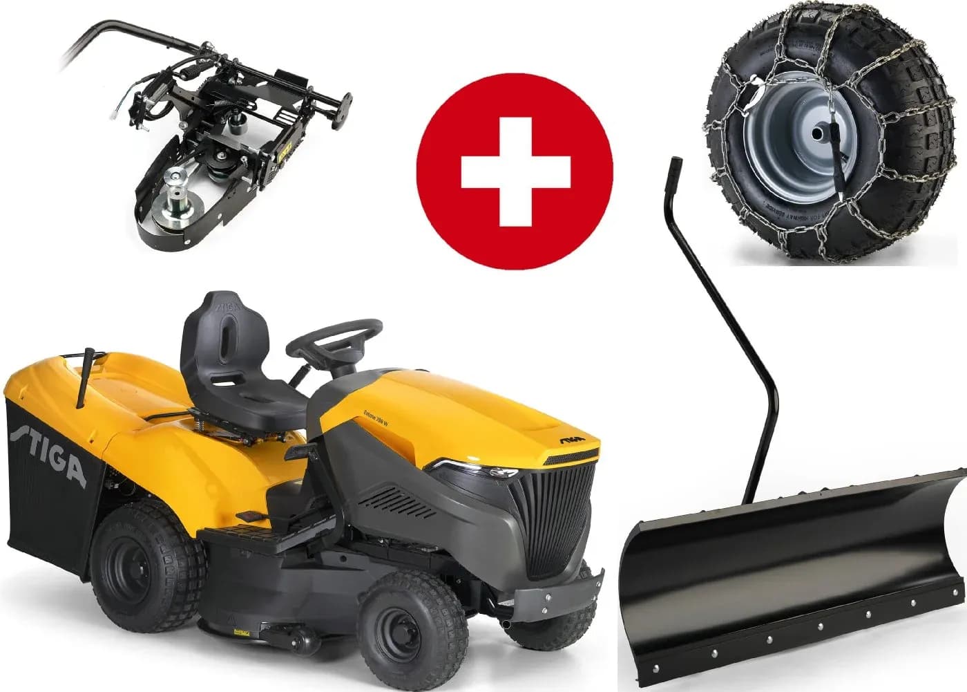 Rasentraktor Stiga Estate 798 W Winterpaket mit 120 cm Schneeschild, PTO-Kit und Schneeketten