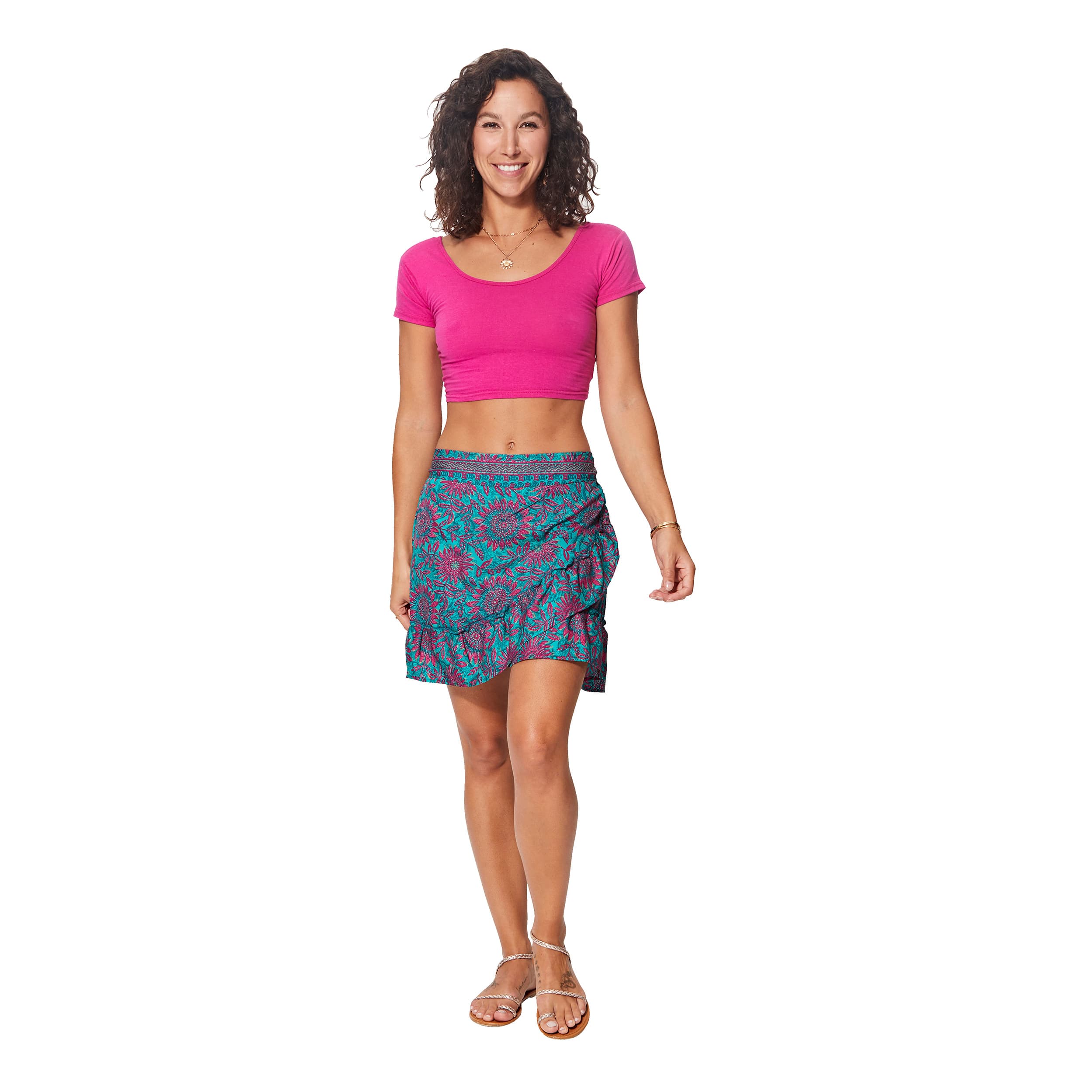 Jupe été courte Achan - 100% polyester - vert, rose - Akoustik Online