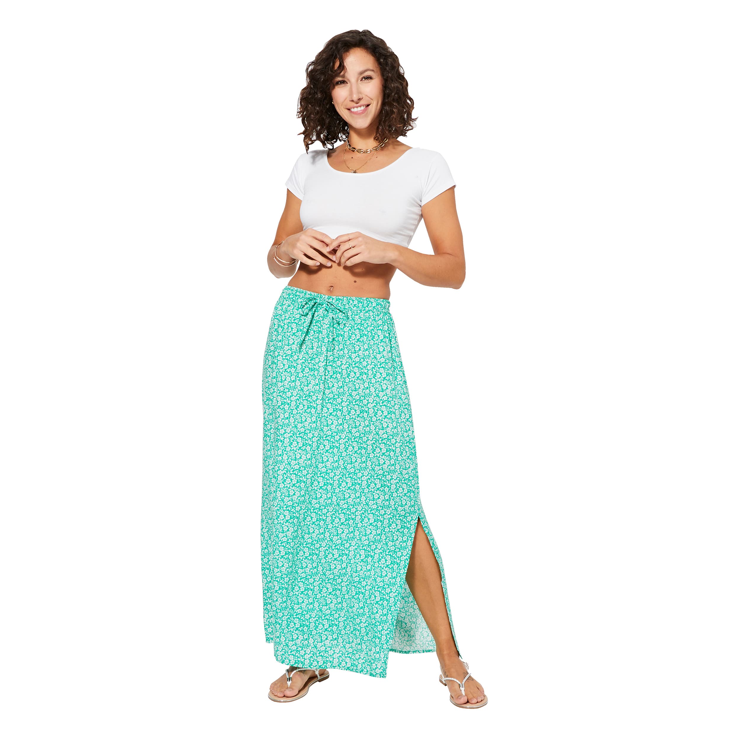 Jupe été longue Bryn - 100% viscose - vert, blanc - Akoustik Online