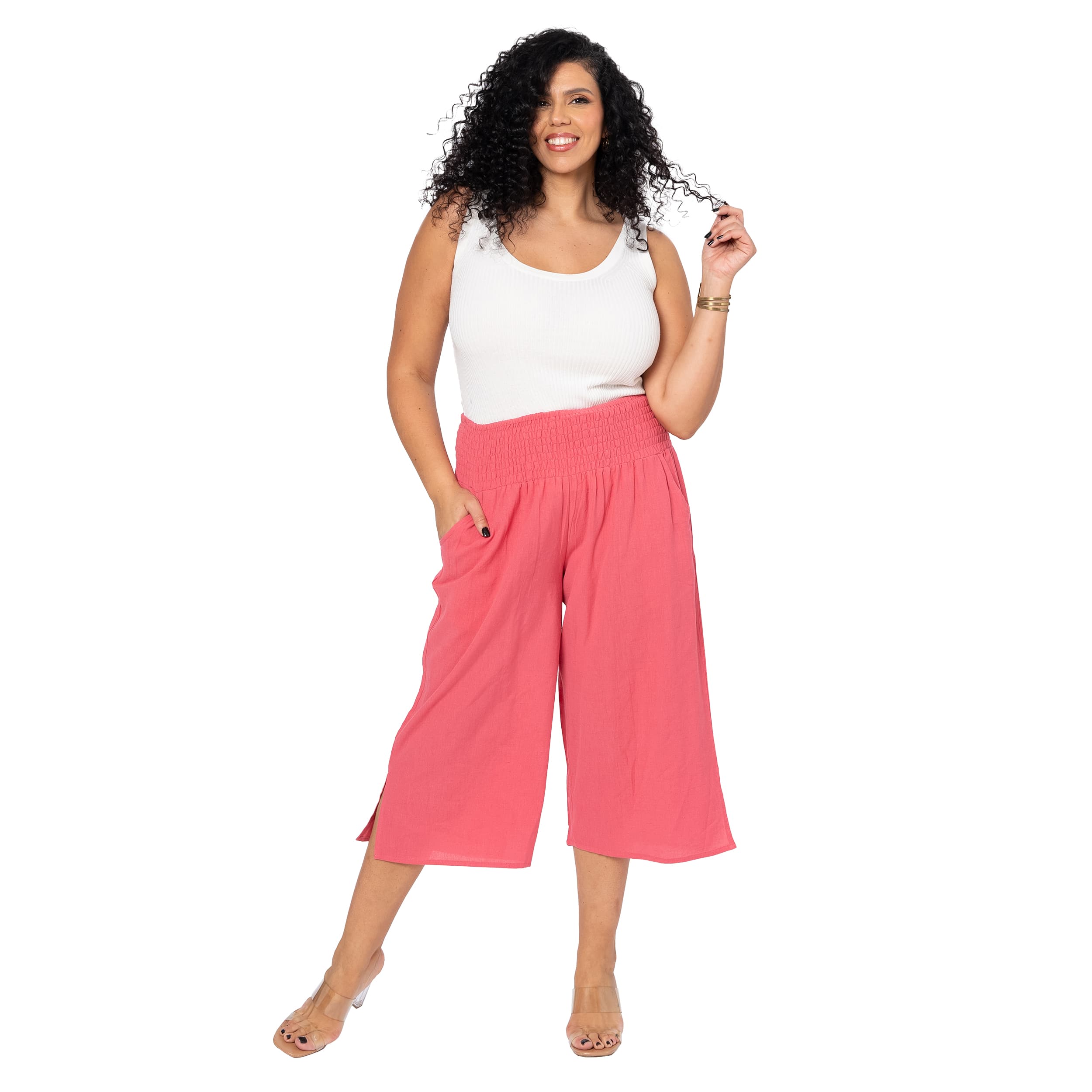 Pantalon été court Macy - 70% coton - 30% lin - rose - Akoustik Online