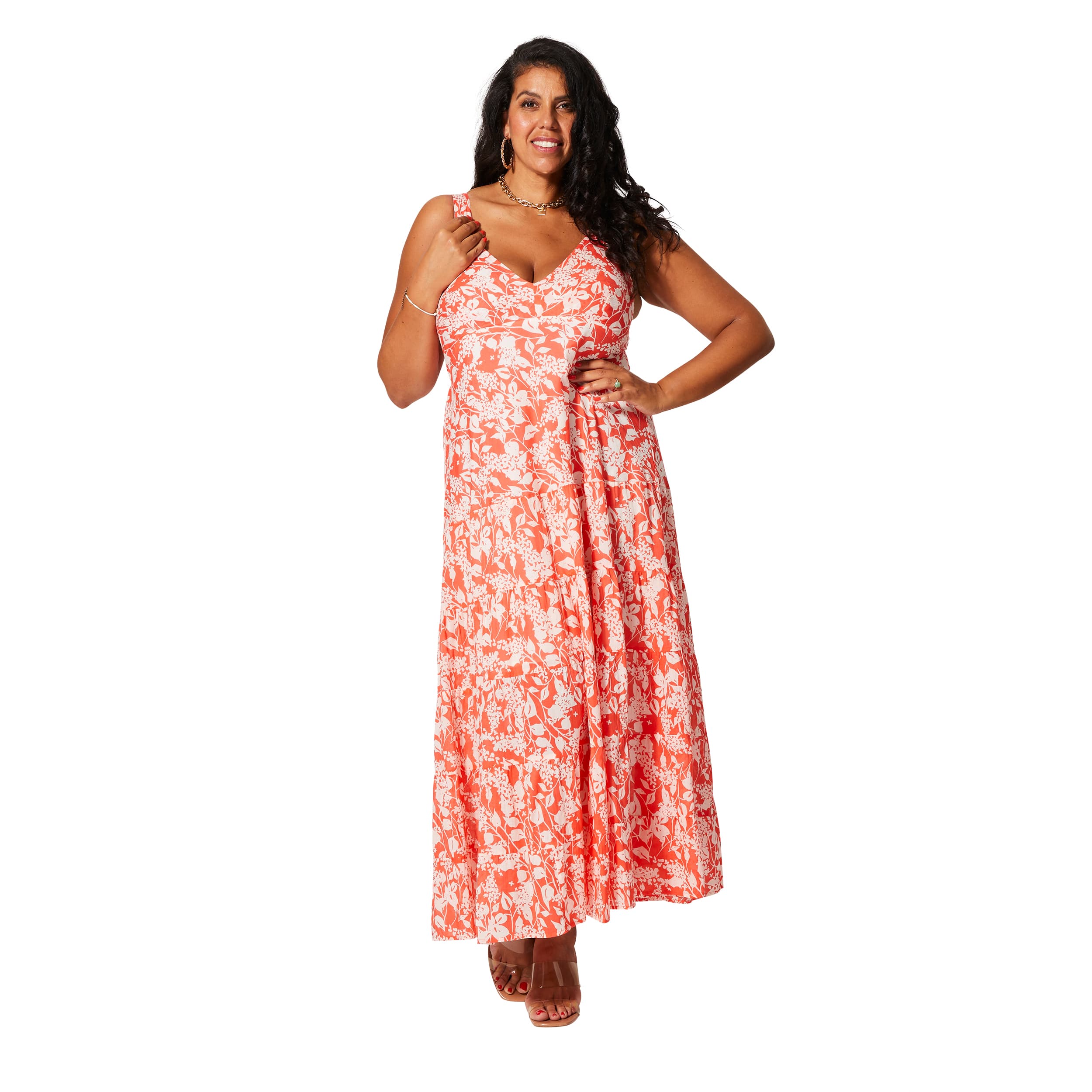 Robe été longue sans manches Raisel - orange, blanc - Akoustik Online