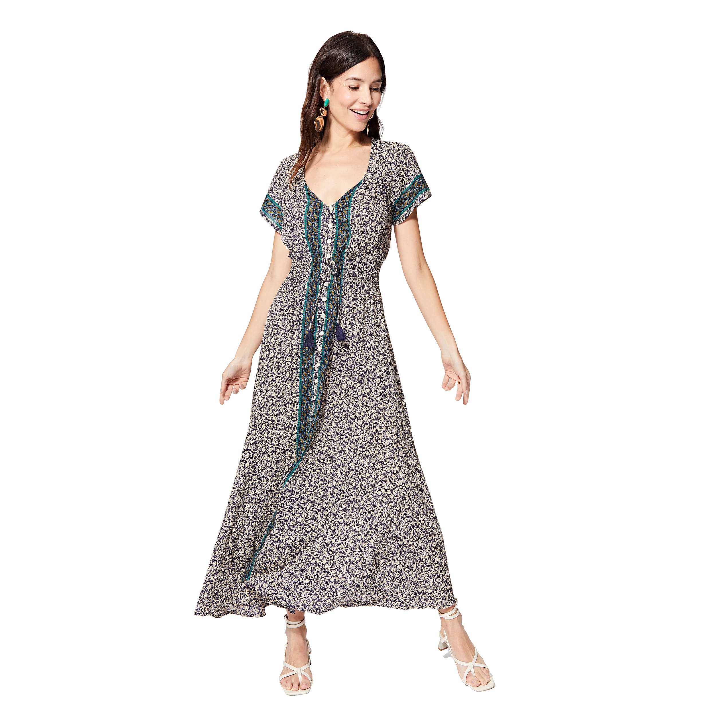 Robe été longue manches courtes Kanami - bleu, creme - Akoustik Online