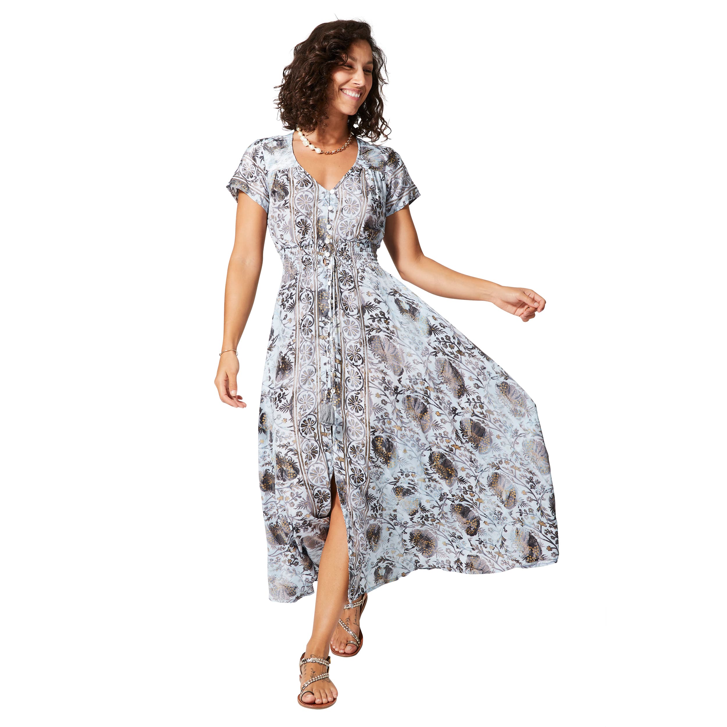 Robe été longue manches courtes Fioralba - or, gris - Akoustik Online