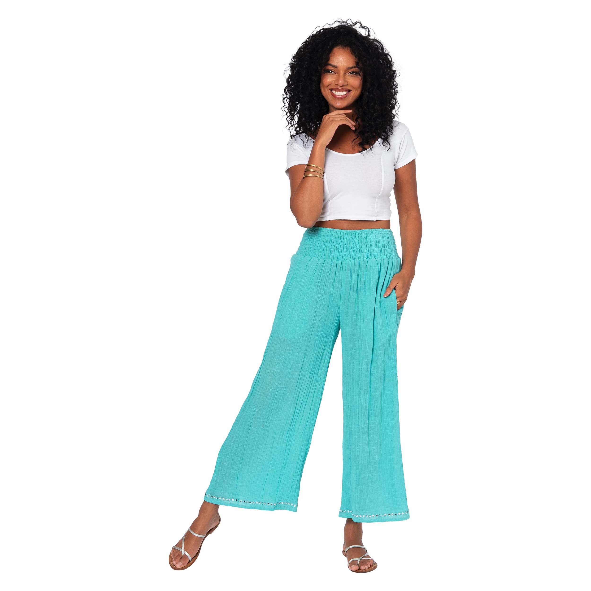 Pantalon été mi-long Lucia - 100% coton - turquoise - Akoustik Online