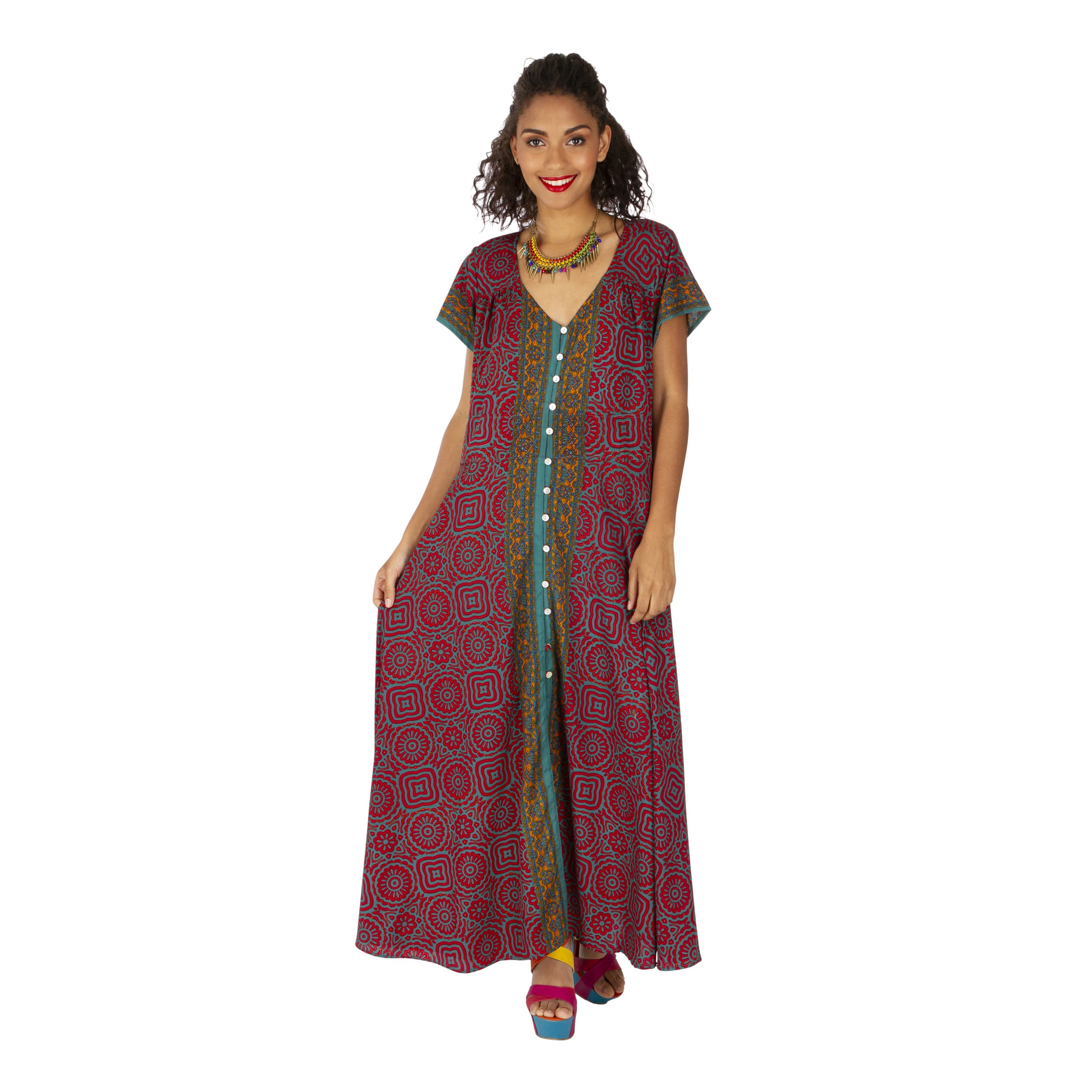 Robe été longue manches courtes Naima - rouge, bleu - Akoustik Online