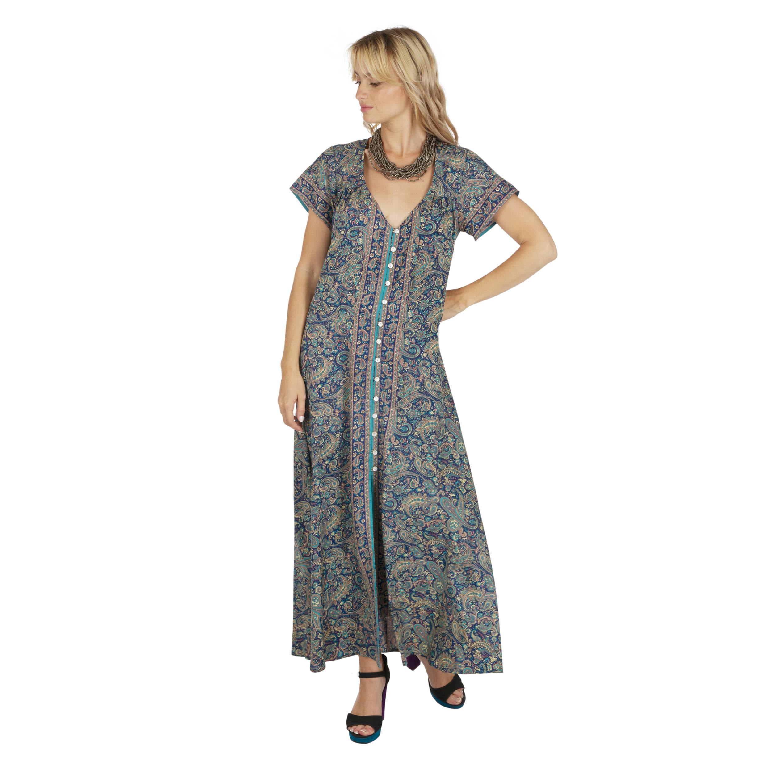 Robe été longue manches courtes Glenna - bleu, creme - Akoustik Online