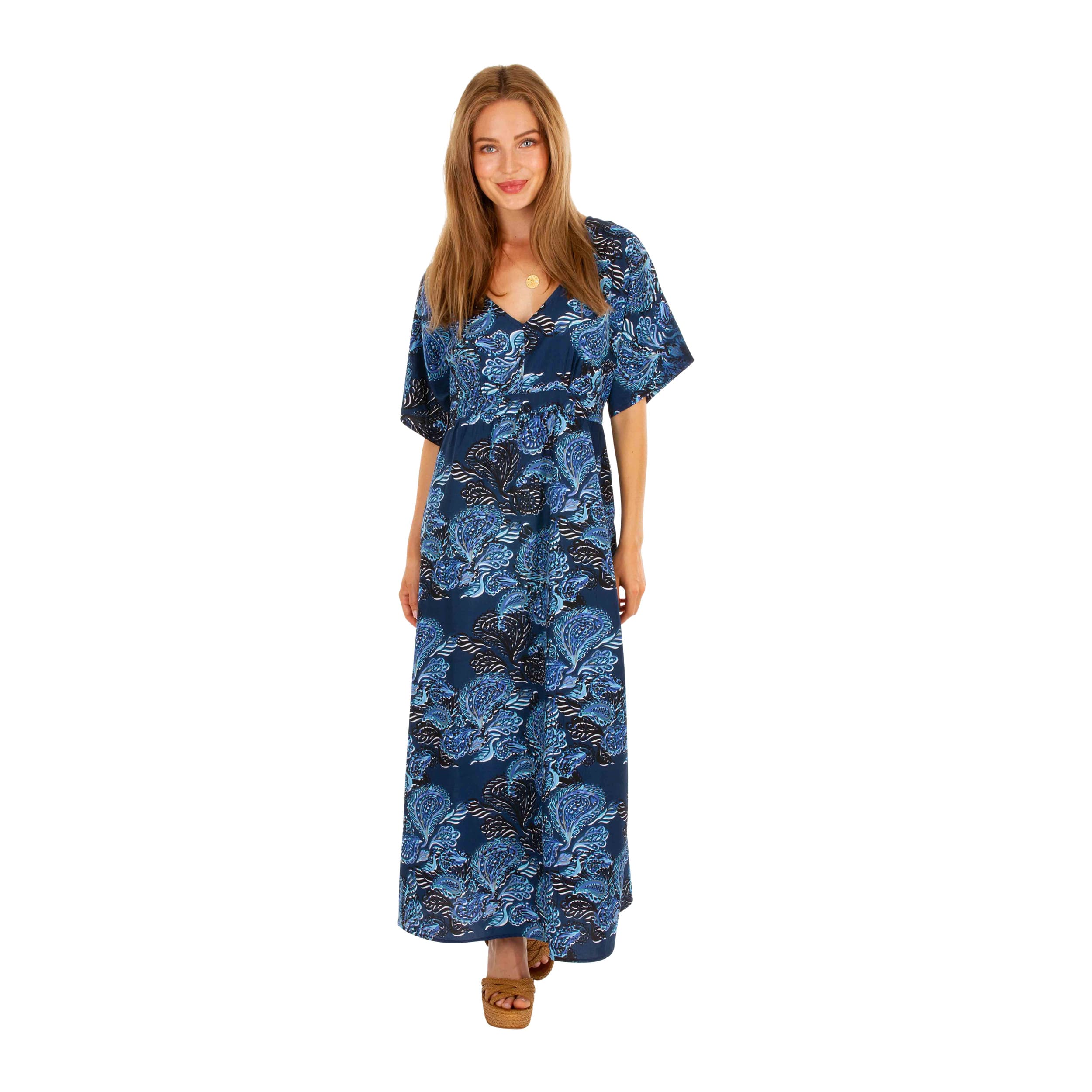 Robe été longue manches courtes Odile - bleu - Akoustik Online