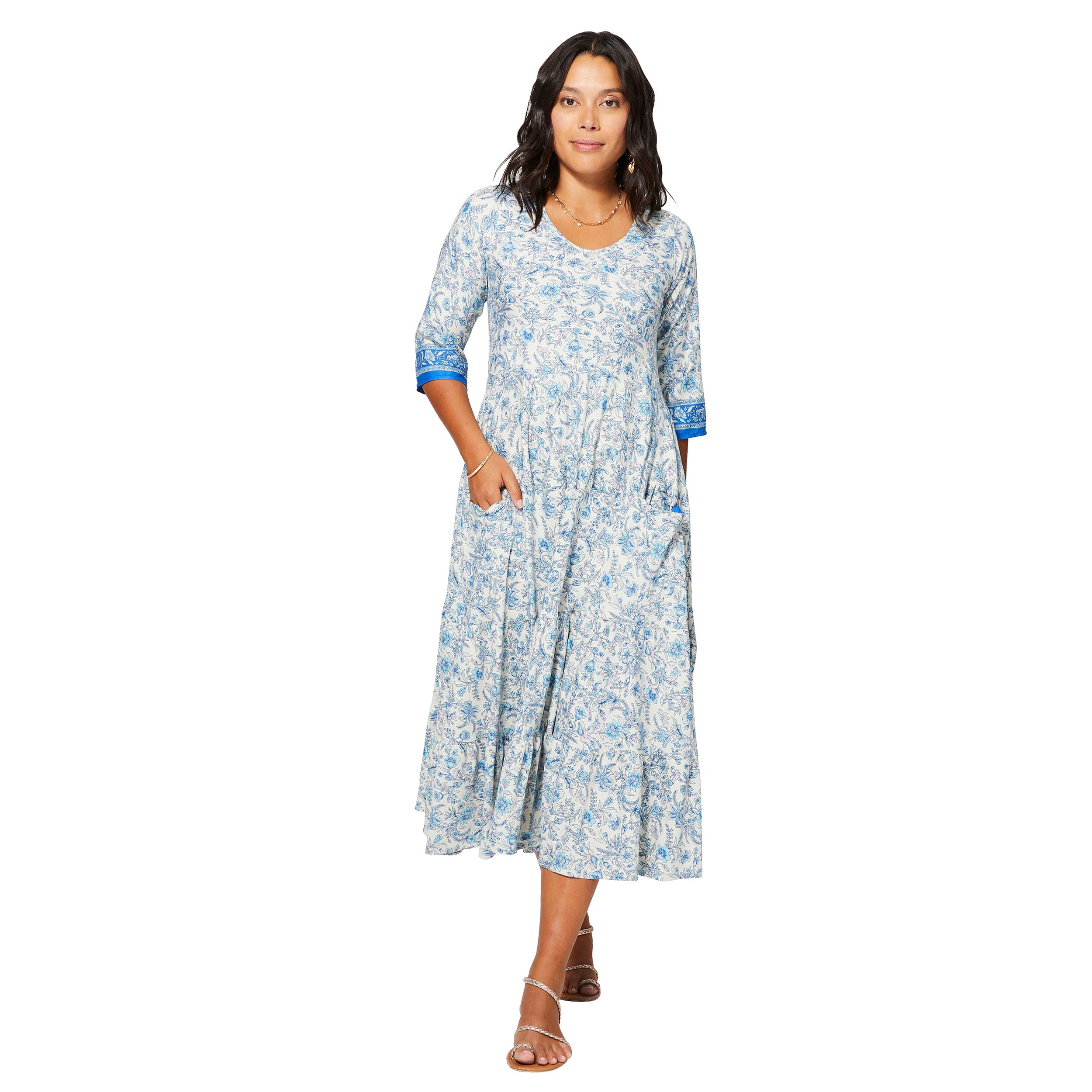 Robe été mi-longue manches 3/4 Anselme - blanc, bleu - Akoustik Online