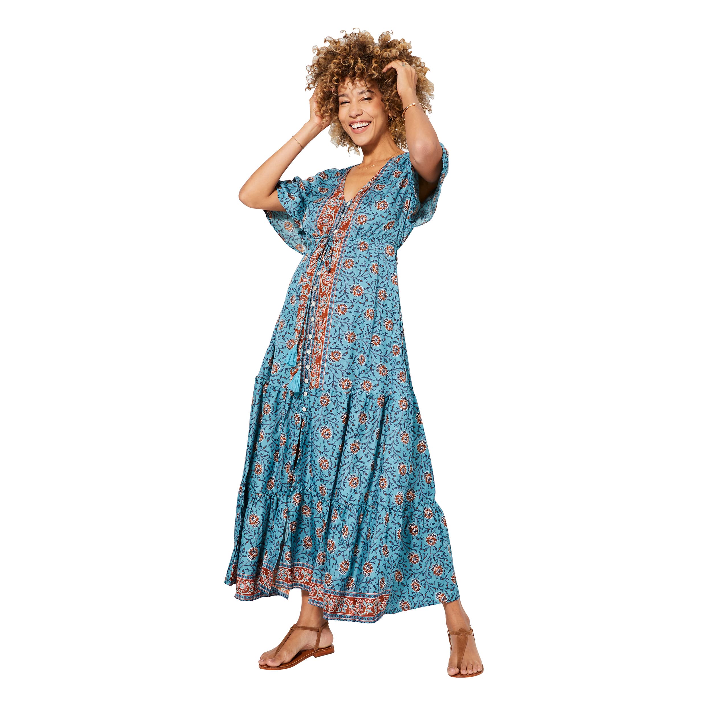 Robe été longue manches courtes Allan - bleu, marron - Akoustik Online