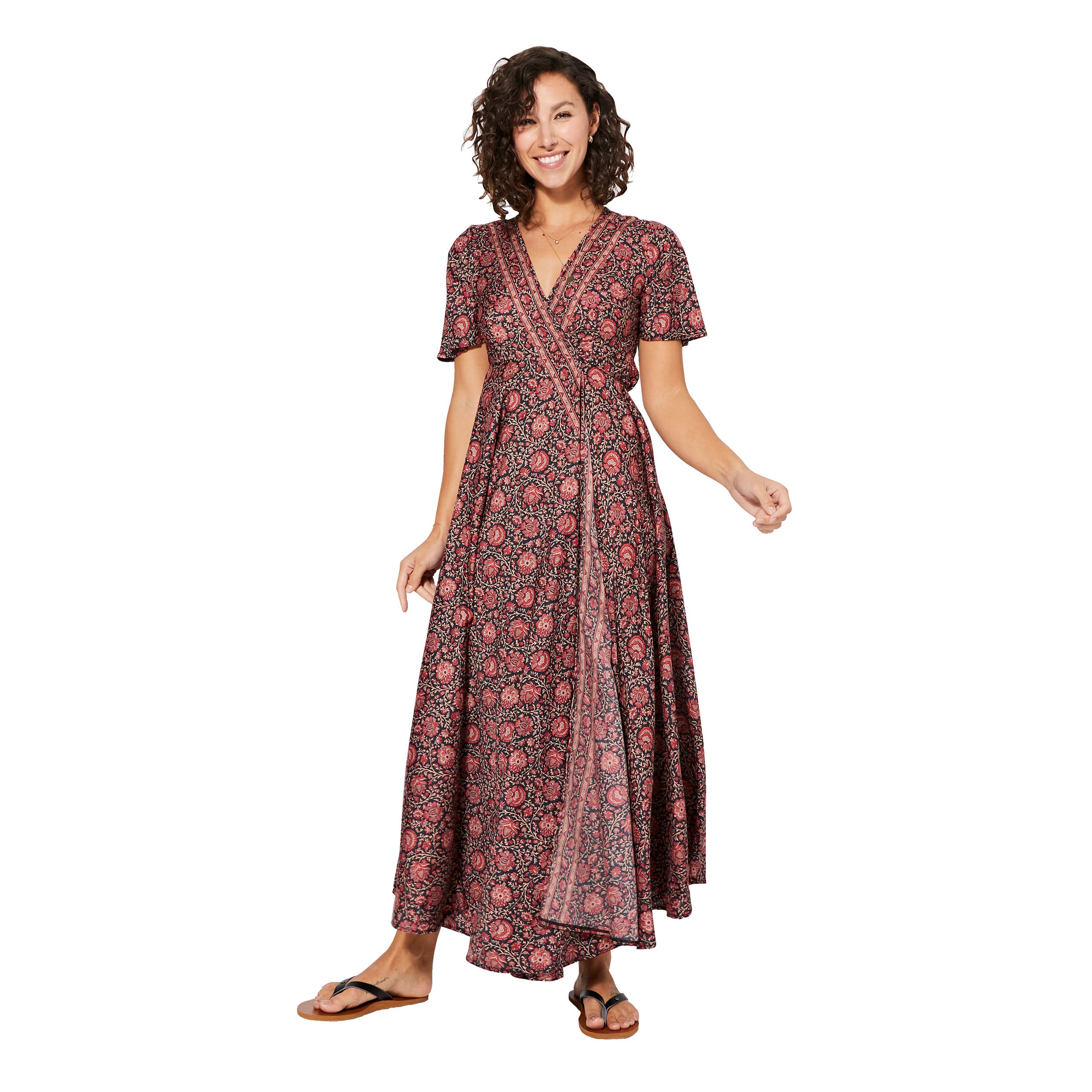 Robe été longue manches courtes Atallah - noir, rose - Akoustik Online