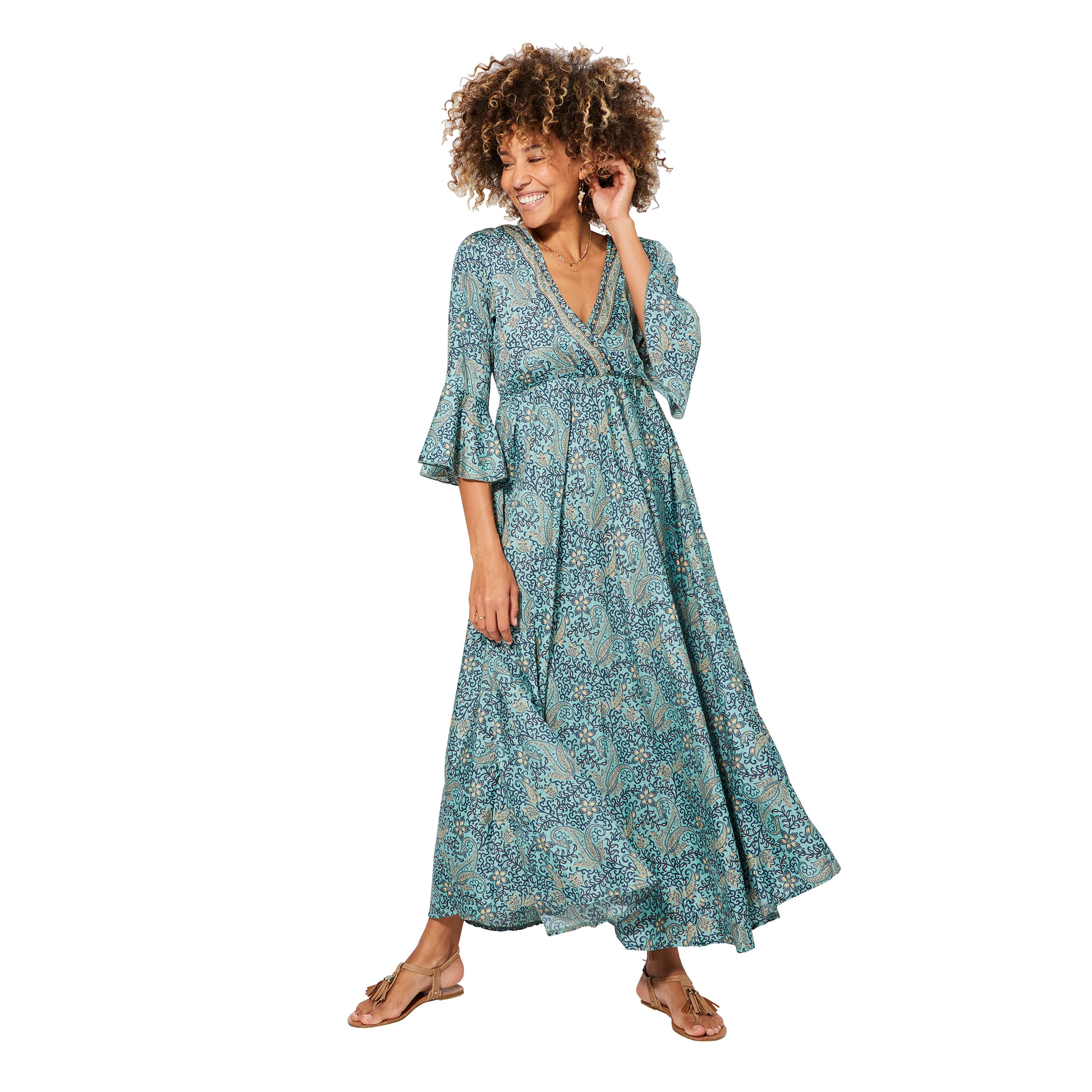 Robe été longue manches 3/4 Constanza - bleu, beige - Akoustik Online