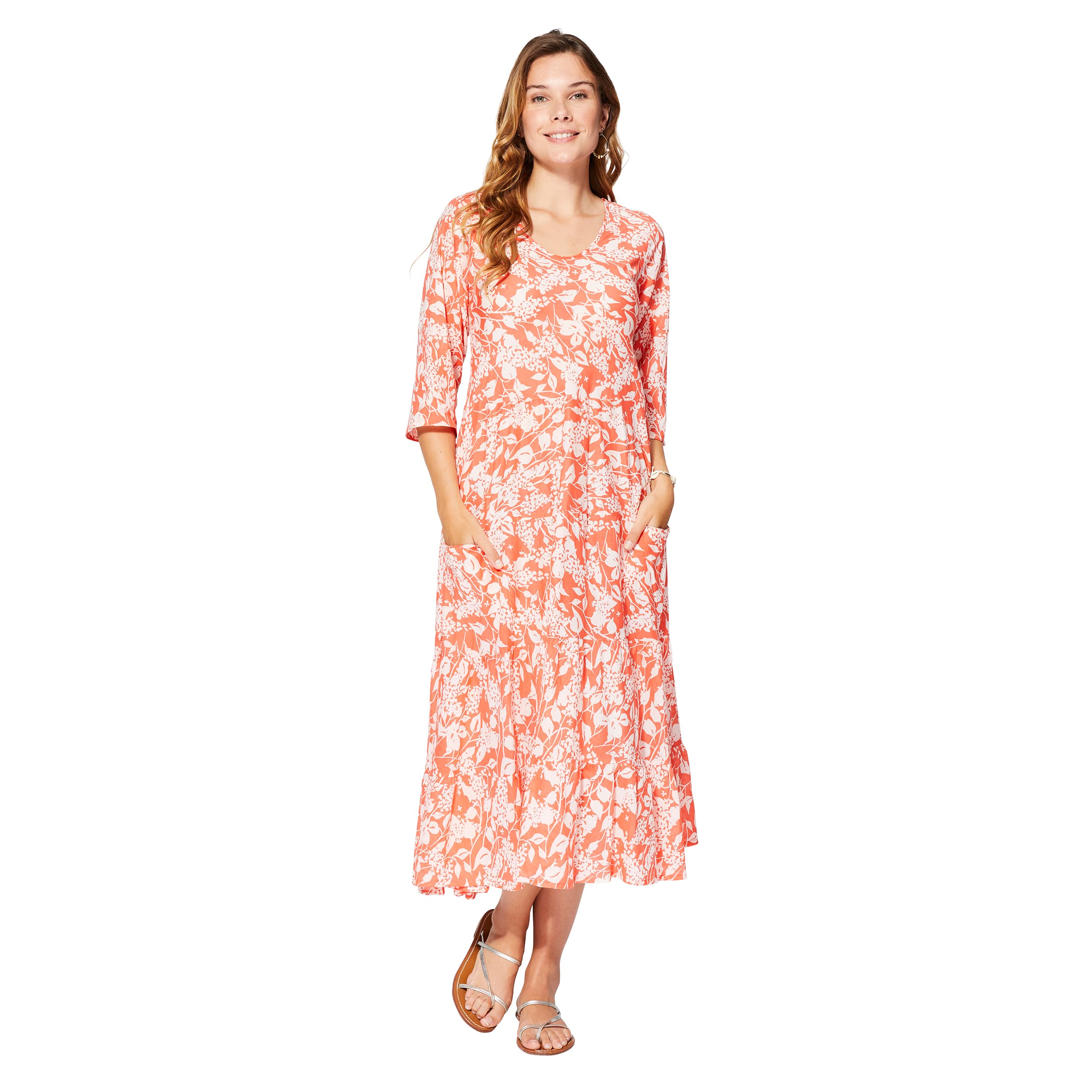 Robe été mi-longue manches 3/4 Hajna - orange, blanc - Akoustik Online