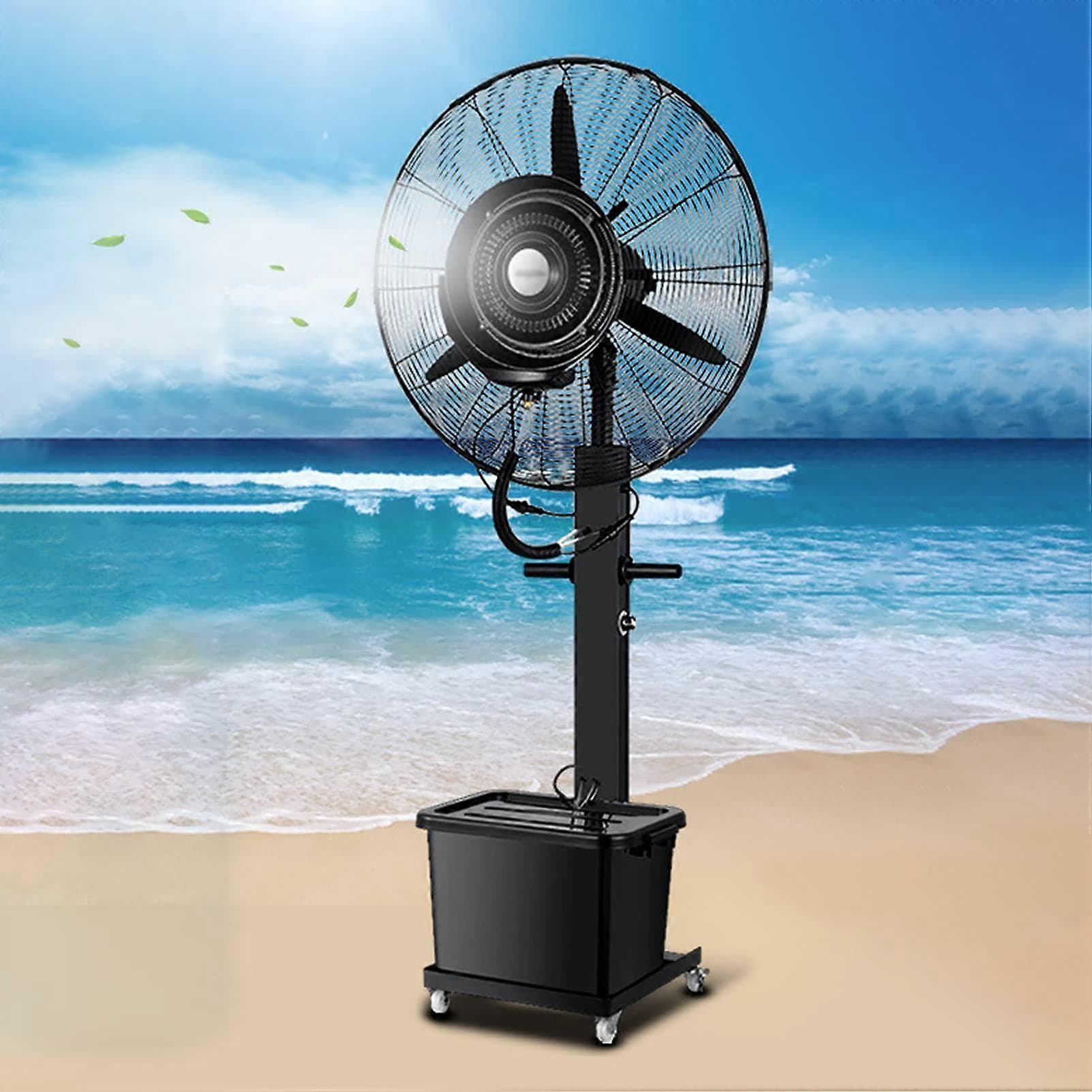 Ventilateur brumisateur industriel à large oscillation, socle de 65 cm, refroidissement par brume fine pour entrepôt extérieur