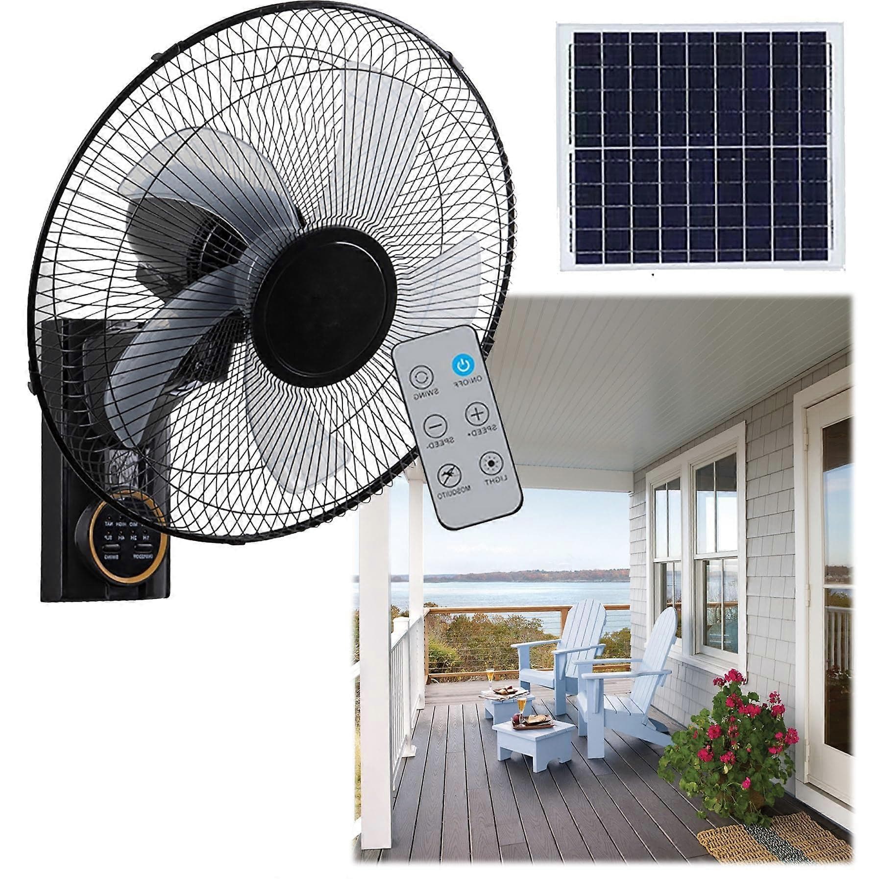 16 Inch Solar Powered Wall Mounted Fan with Remote, Timer, Oscillation for Indoor Outdoor Use