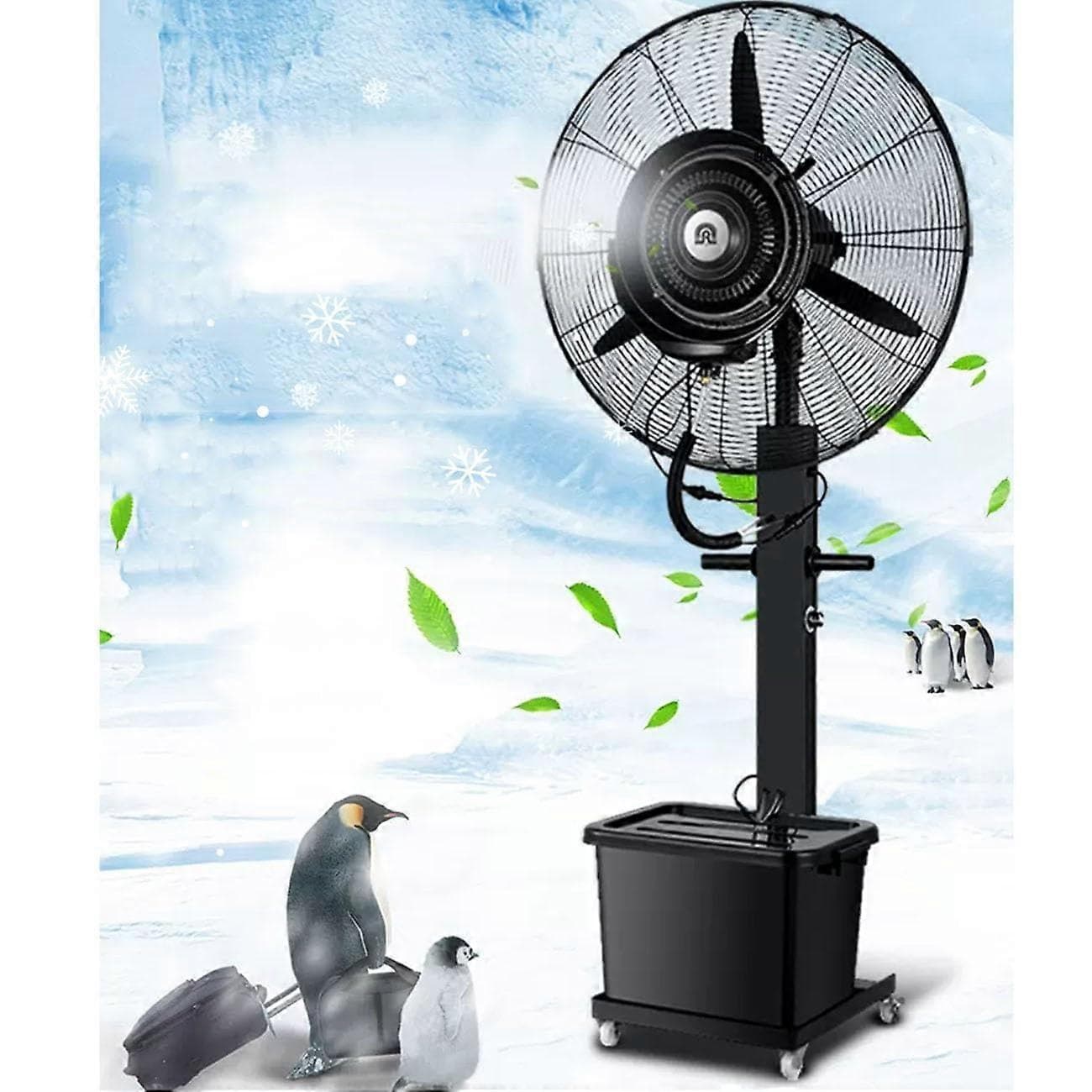 Ventilateur brumisateur d'extérieur de 75 cm avec 3 vitesses de refroidissement réglables, sur pied, idéal pour terrasse et jardin.