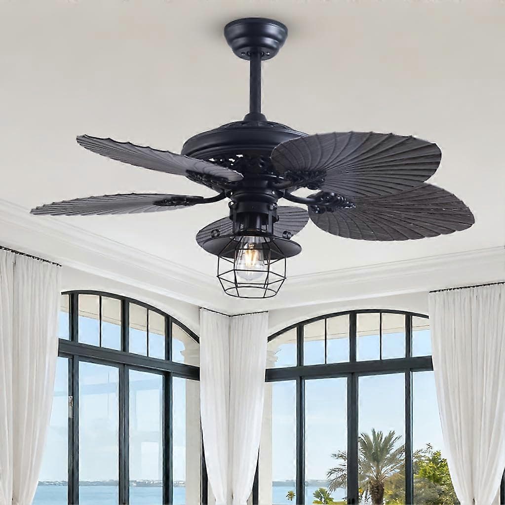 52 Inch Tropical Palm Leaf Ceiling Fan with LED Light and Remote, Quiet Reversible DC Motor for Indoor Outdoor Patio
